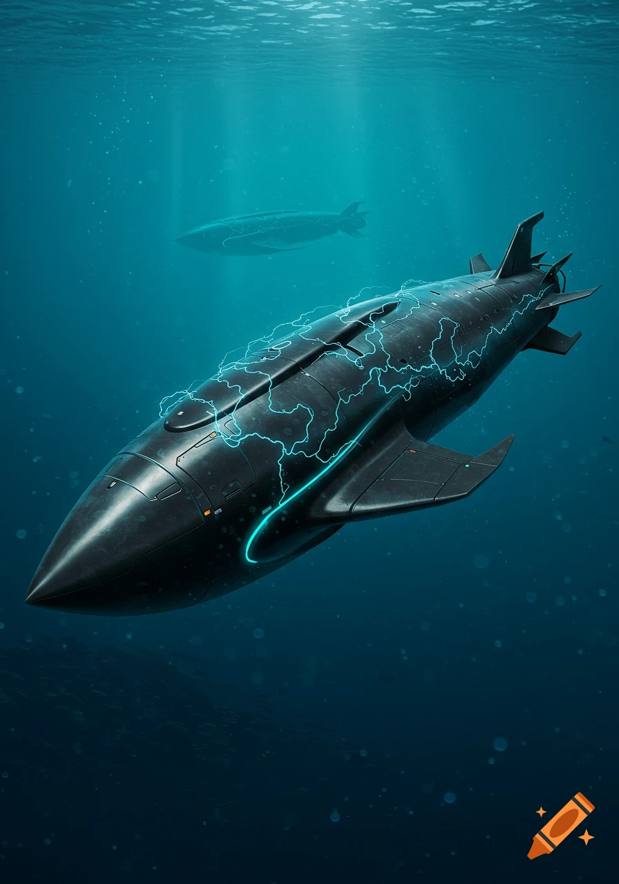 Dark, sleek futuristic submarine with glowing blue energy lines gliding underwater; another vessel in the background.