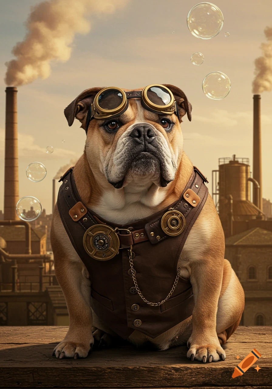 A photorealistic bulldog wearing steampunk goggles and a leather vest sits on a wooden plank with industrial chimneys and bubbles in the background.