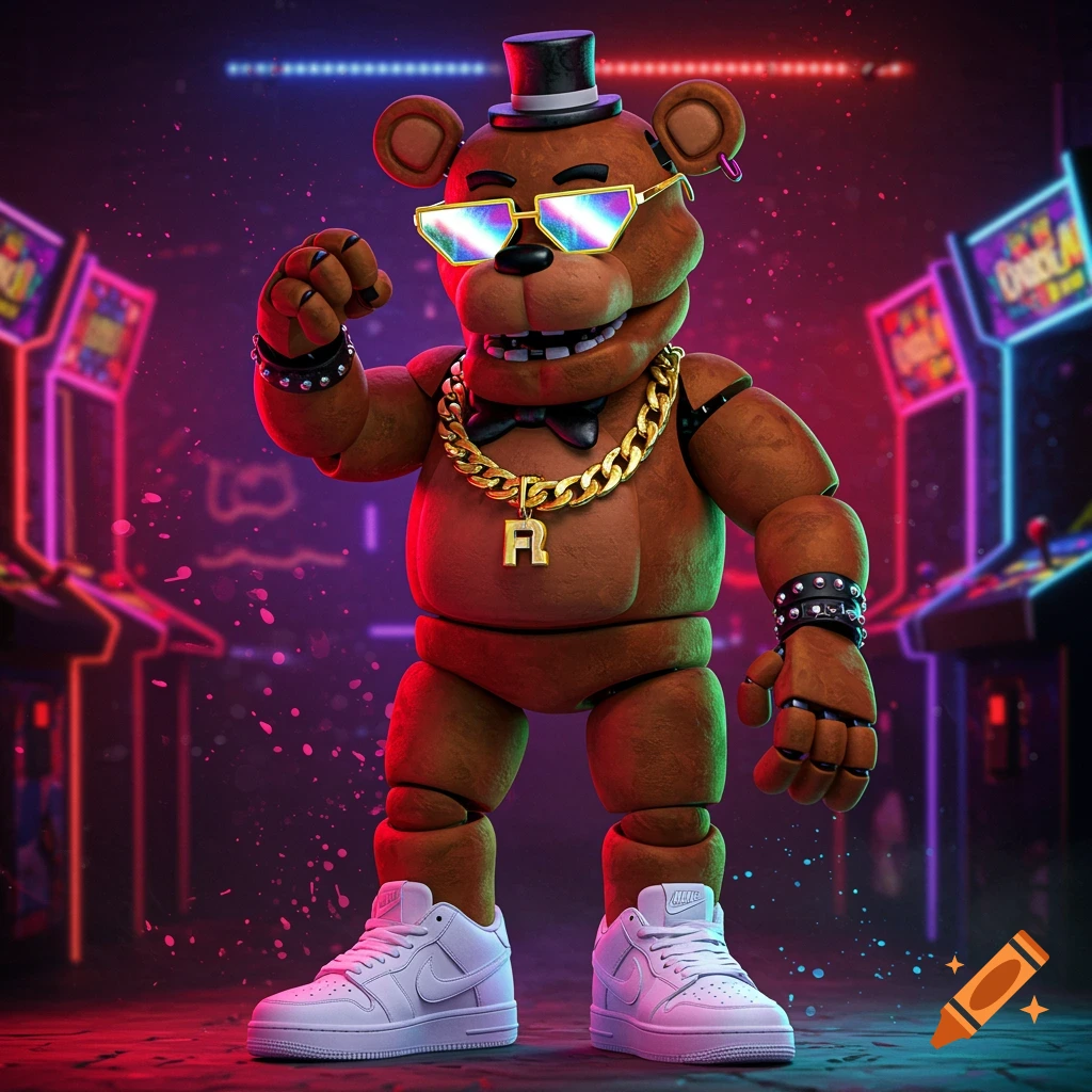 Freddy Fazbear in a top hat, holographic sunglasses, gold chain with 'R' pendant, studded bracelets, and white Nike sneakers, standing in a neon-lit arcade.