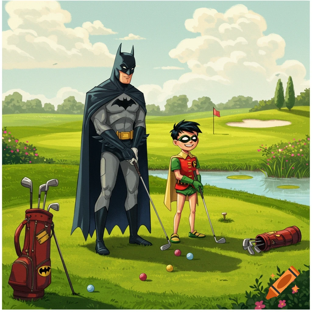 Cartoon Batman and Robin stand on a sunny golf course with clubs and golf balls, ready to play.