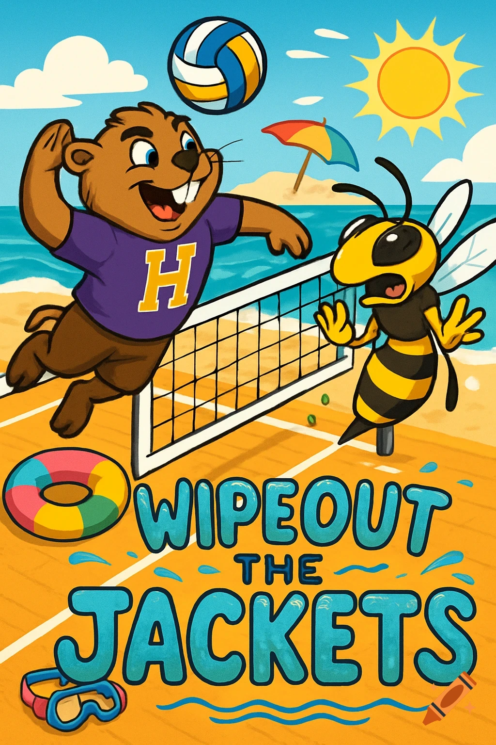 Cartoon gopher mascot spikes a volleyball over a net while a scared bee mascot reacts on a beach volleyball court. Text says "WIPEOUT THE JACKETS".