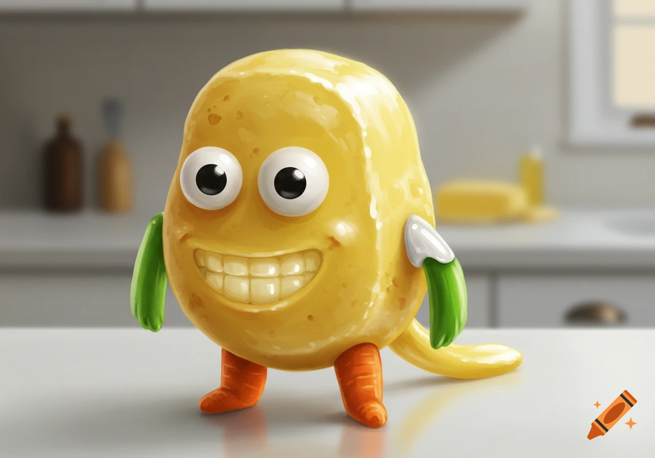 A happy, cartoon potato character with large eyes, a big smile, green arms, and orange carrot-like legs stands on a kitchen counter.