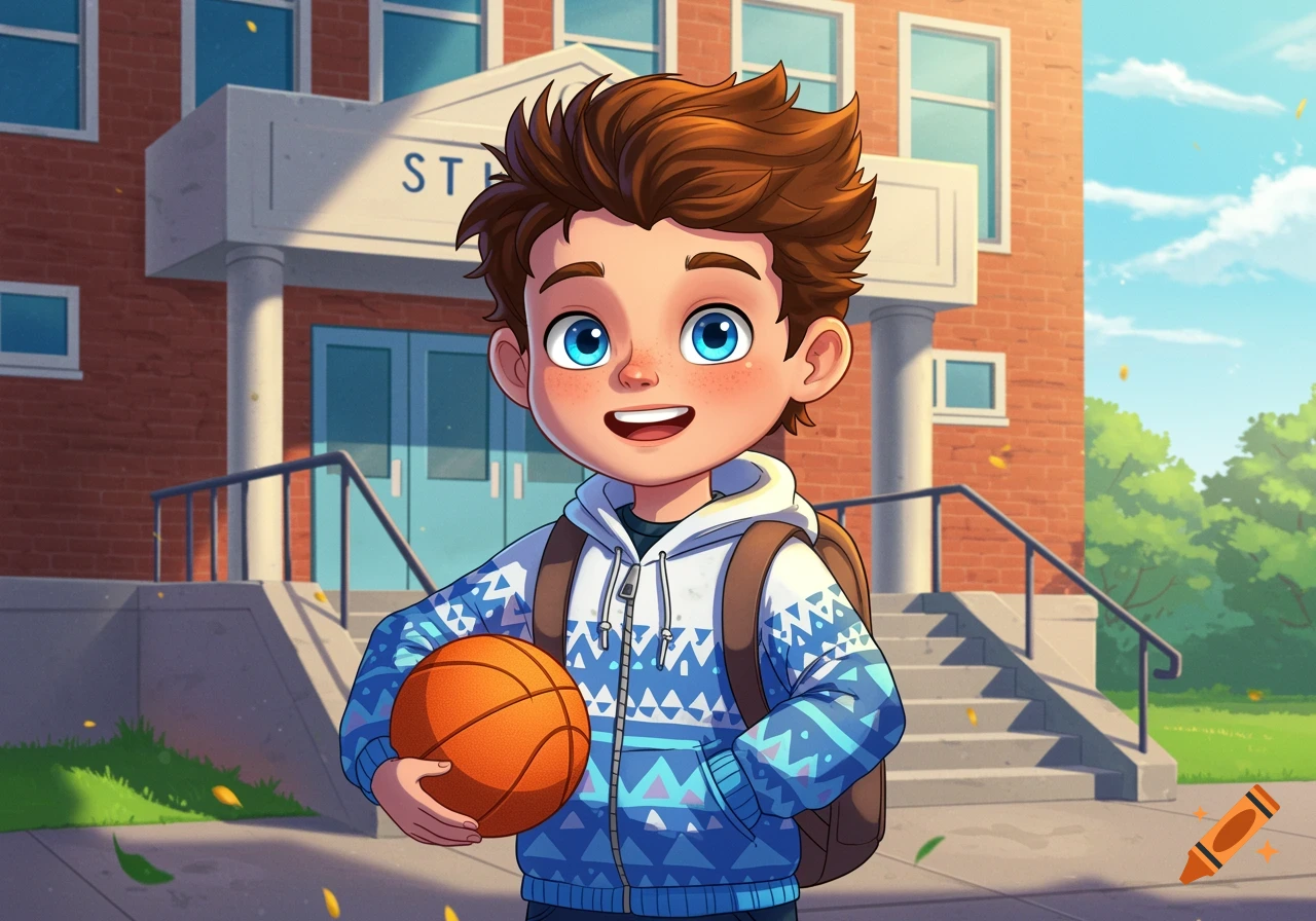 A cartoon boy with brown hair and blue eyes, wearing a white and blue patterned hoodie and backpack, stands in front of a brick school, holding a basketball.