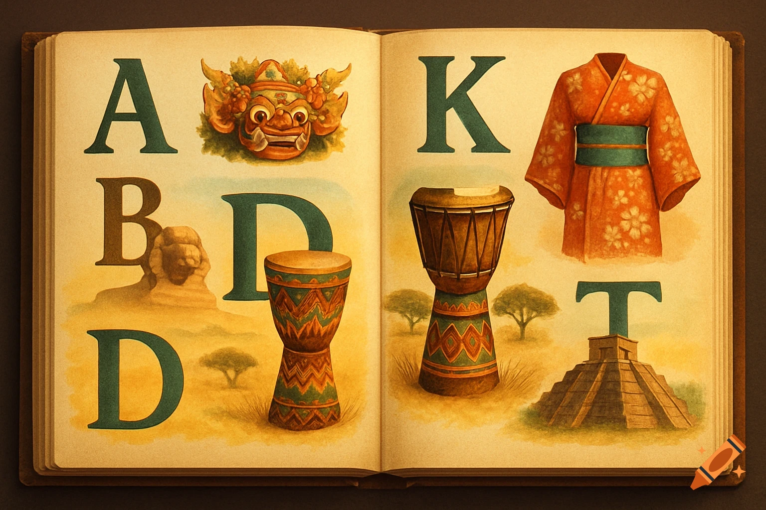 Open illustrated book with alphabet letters A, B, D, K, T, featuring cultural items like a mask, sphinx, drums, kimono, and pyramid.