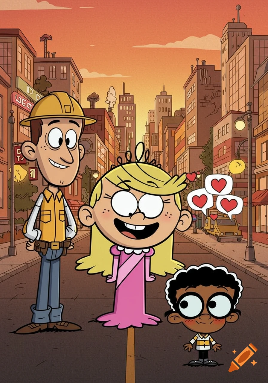 Cartoon characters Lola Loud, Clyde McBride, and a construction worker stand on a city street at sunset. Lola is happy, Clyde is blushing with hearts above his head.