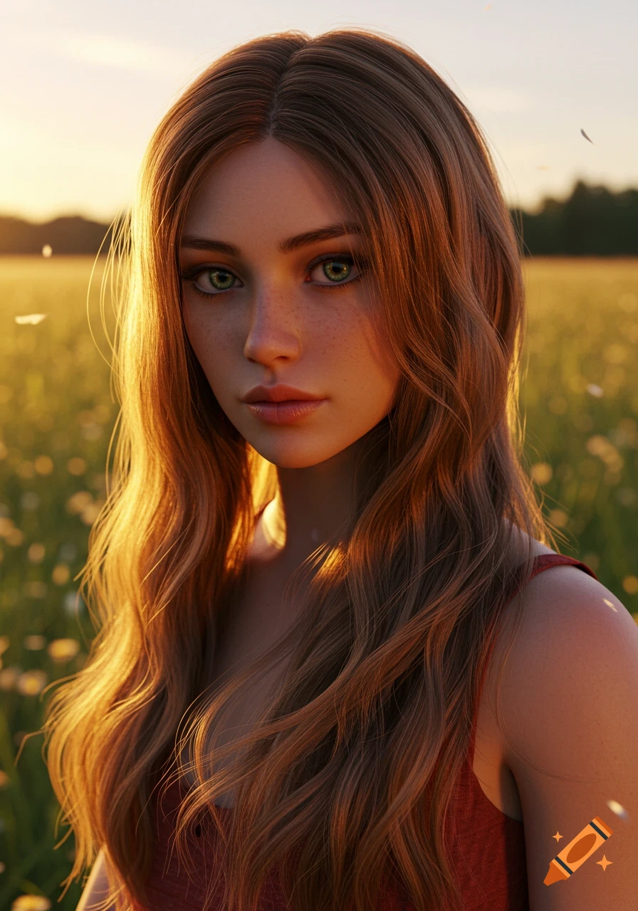 Photorealistic portrait of a young woman with long auburn hair and green eyes in a golden field at sunset.