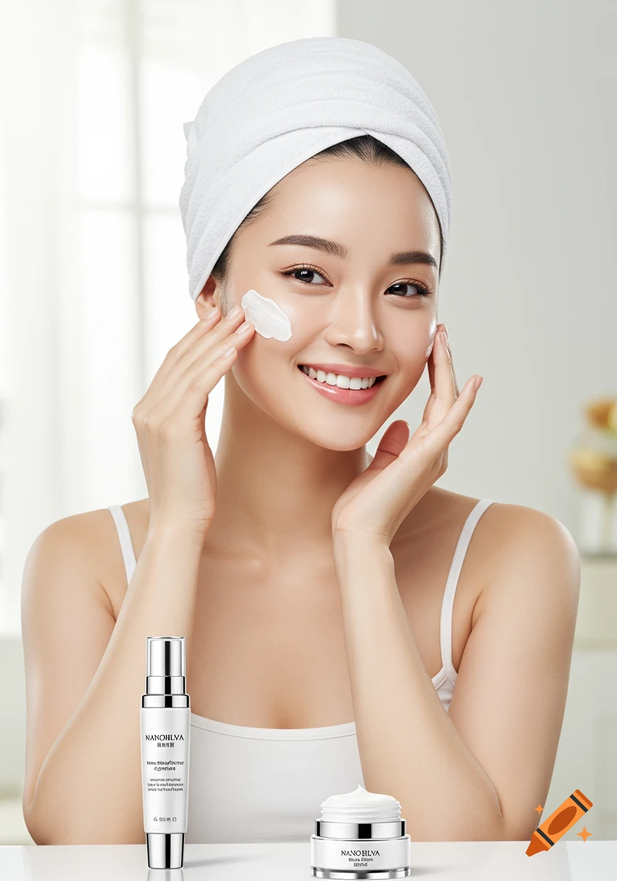 A young woman with a towel on her head smiles while applying face cream, with skincare products visible.