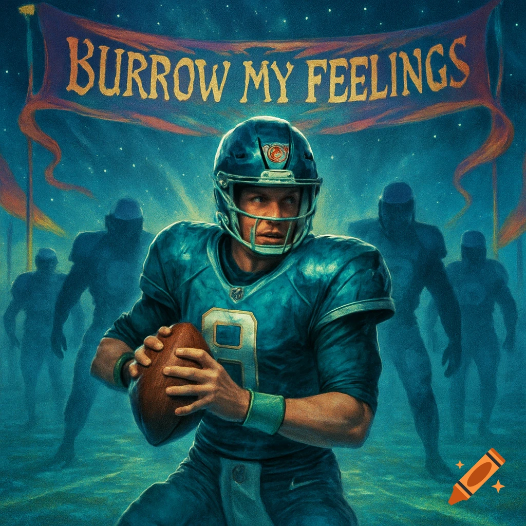 A stylized image of a football player in a teal uniform holding a football, with a banner above reading 'BURROW MY FEELINGS' and blurred figures in the background.