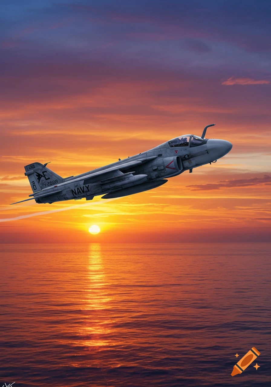Photorealistic A-6 Intruder military jet flying over a sunset-lit ocean.