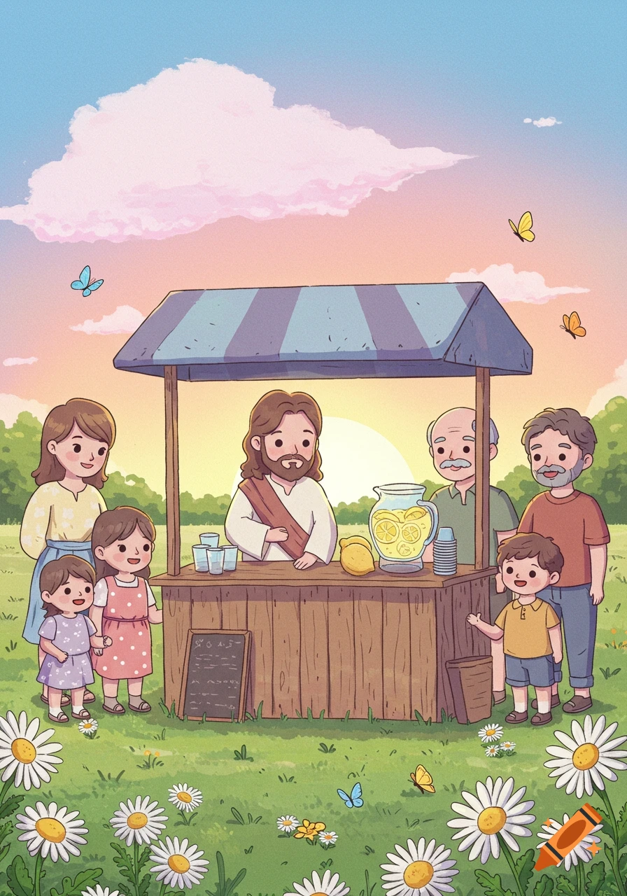 Cute cartoon of Jesus selling lemonade from a stand to people and children in a field of daisies at sunset.