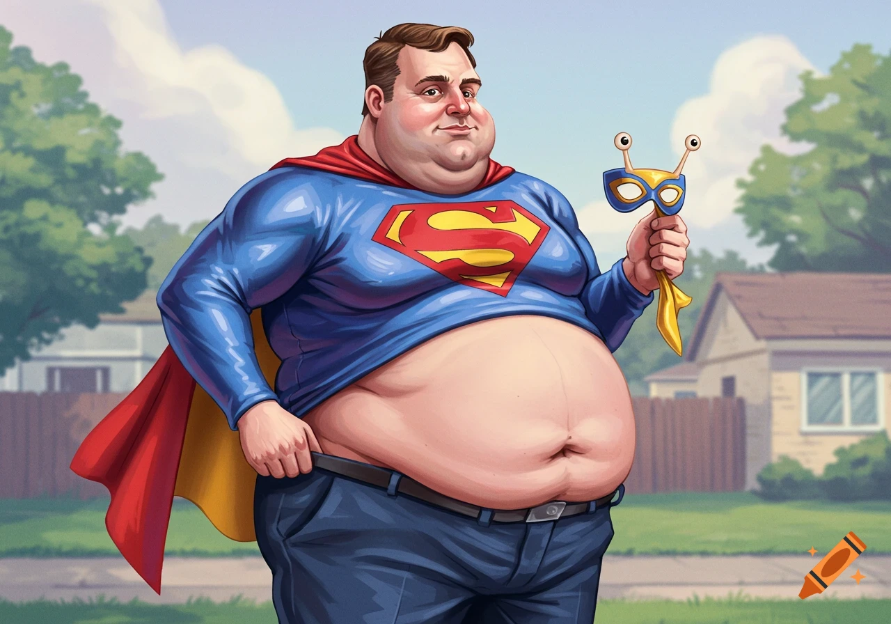Cartoon illustration of an overweight man in an ill-fitting, knockoff superhero costume, showing his belly, holding a mask in a suburban setting.