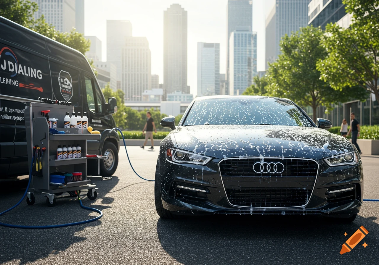 A black car covered in soap suds is being detailed on a city street, with a mobile detailing van and supplies next to it. Tall buildings are in the background.
