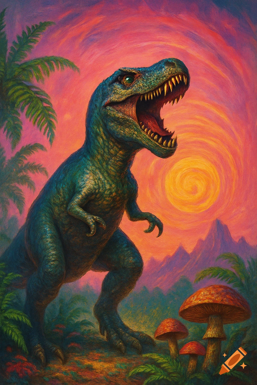 Stylized T-Rex roaring in a vibrant prehistoric jungle with palm trees, mushrooms, and a swirling orange sunset.