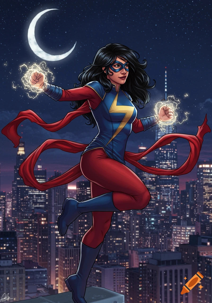 Ms. Marvel, with glowing fists, in a dynamic pose on a city rooftop at night, in a vibrant comic book style illustration.