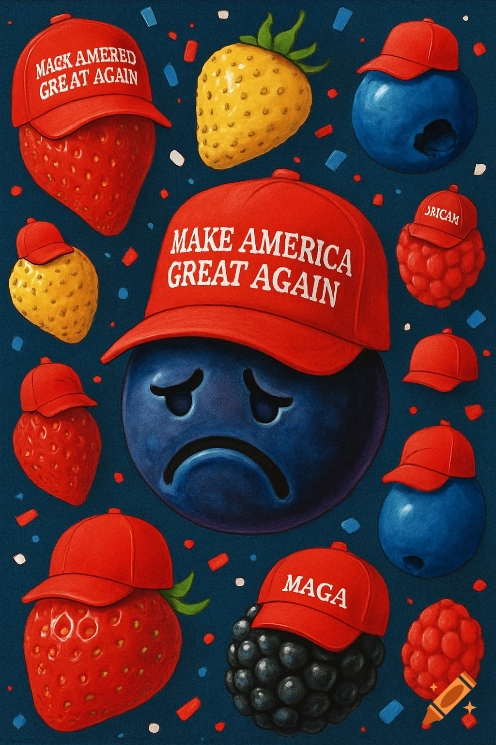 An illustration of various berries, including strawberries, blueberries, raspberries, and blackberries, wearing red baseball caps. Some hats have political slogans like 'MAKE AMERICA GREAT AGAIN', 'MAGA', 'MACK AMERED GREAT AGAIN', and 'ORICAM'. The central blueberry has a sad face. Confetti is scattered around.