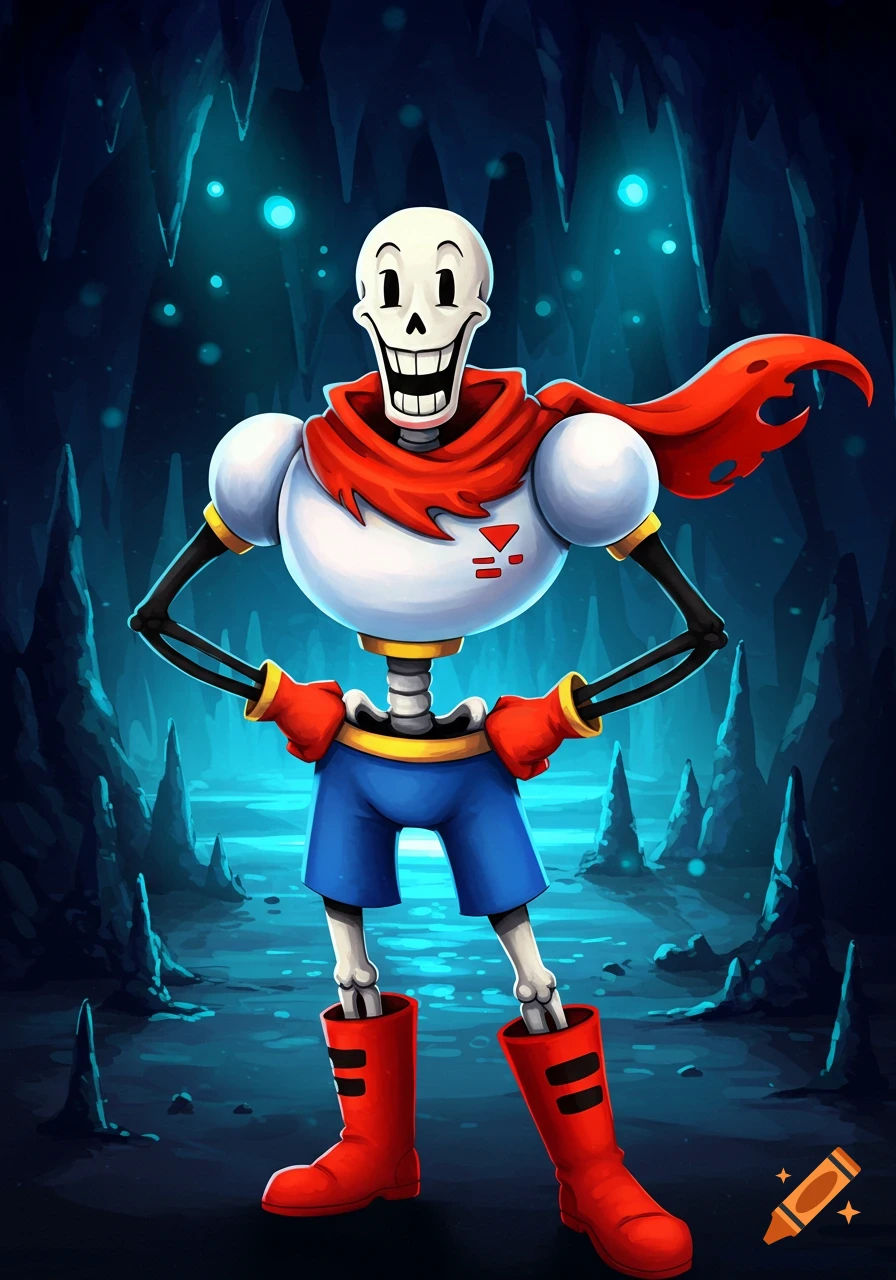 Cartoon skeleton Papyrus from Undertale grins, standing in a dark cave with glowing blue crystals, hands on hips.