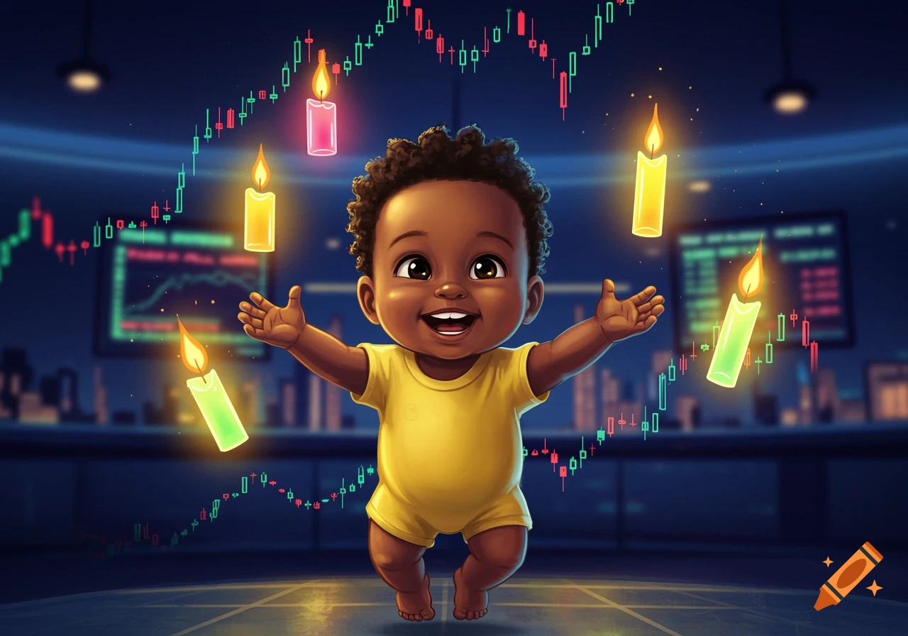 A smiling, telekinetic black toddler in Pixar style levitates glowing futures trading candles against a dark room with stock charts.