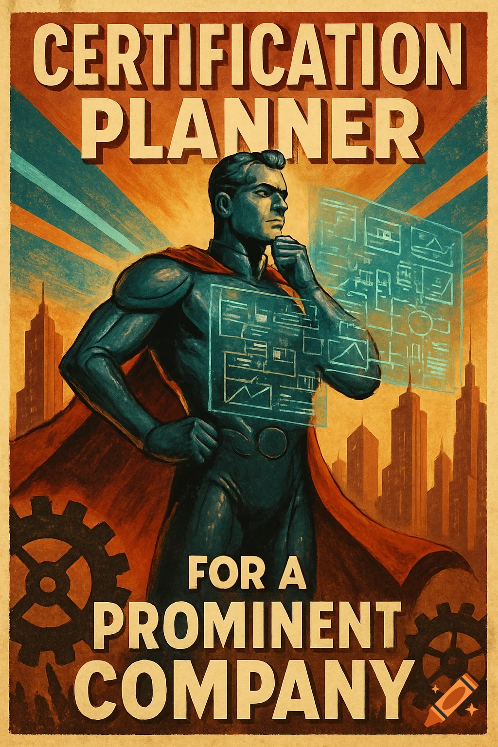 Retro propaganda poster of a superhero figure holding a holographic screen, city skyline in background. Text: 'CERTIFICATION PLANNER FOR A PROMINENT COMPANY'.