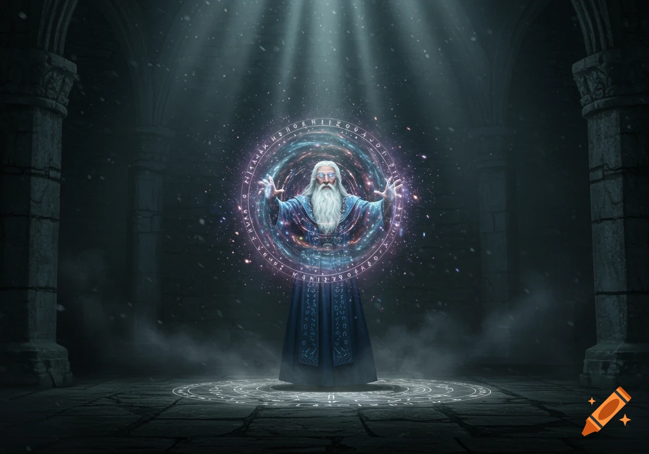 A wizard with a long beard and blue robes casts a glowing magical spell circle in a dark, ancient stone chamber.