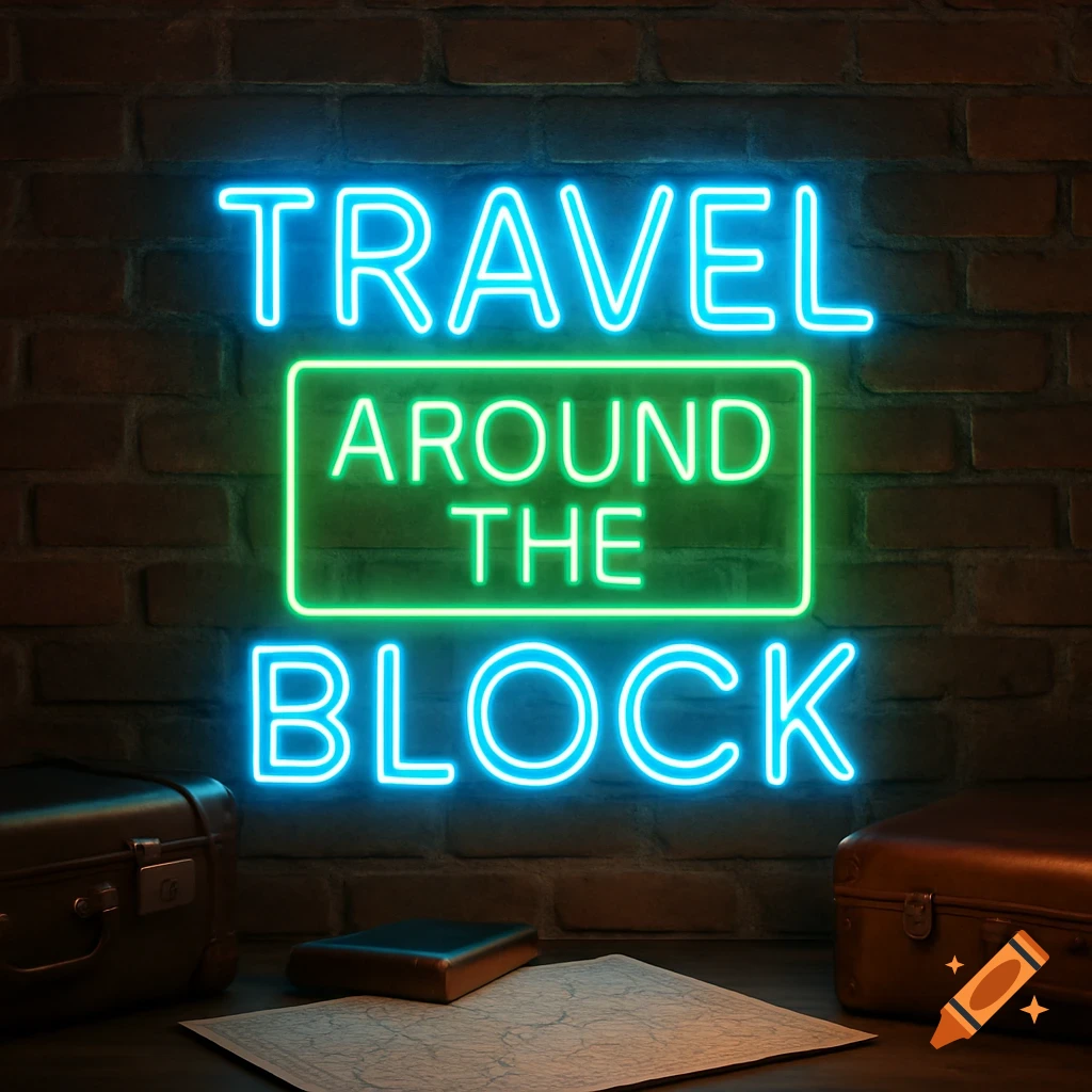 A bright blue and green neon sign reading "TRAVEL AROUND THE BLOCK" on a dark brick wall, with vintage suitcases and a map on a table below.