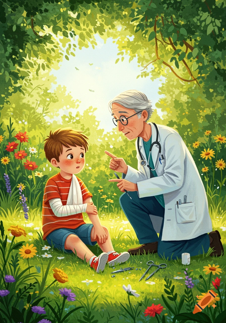 A cartoon illustration of a doctor kneeling in a sunny, flower-filled field, examining a young boy with a bandaged arm.