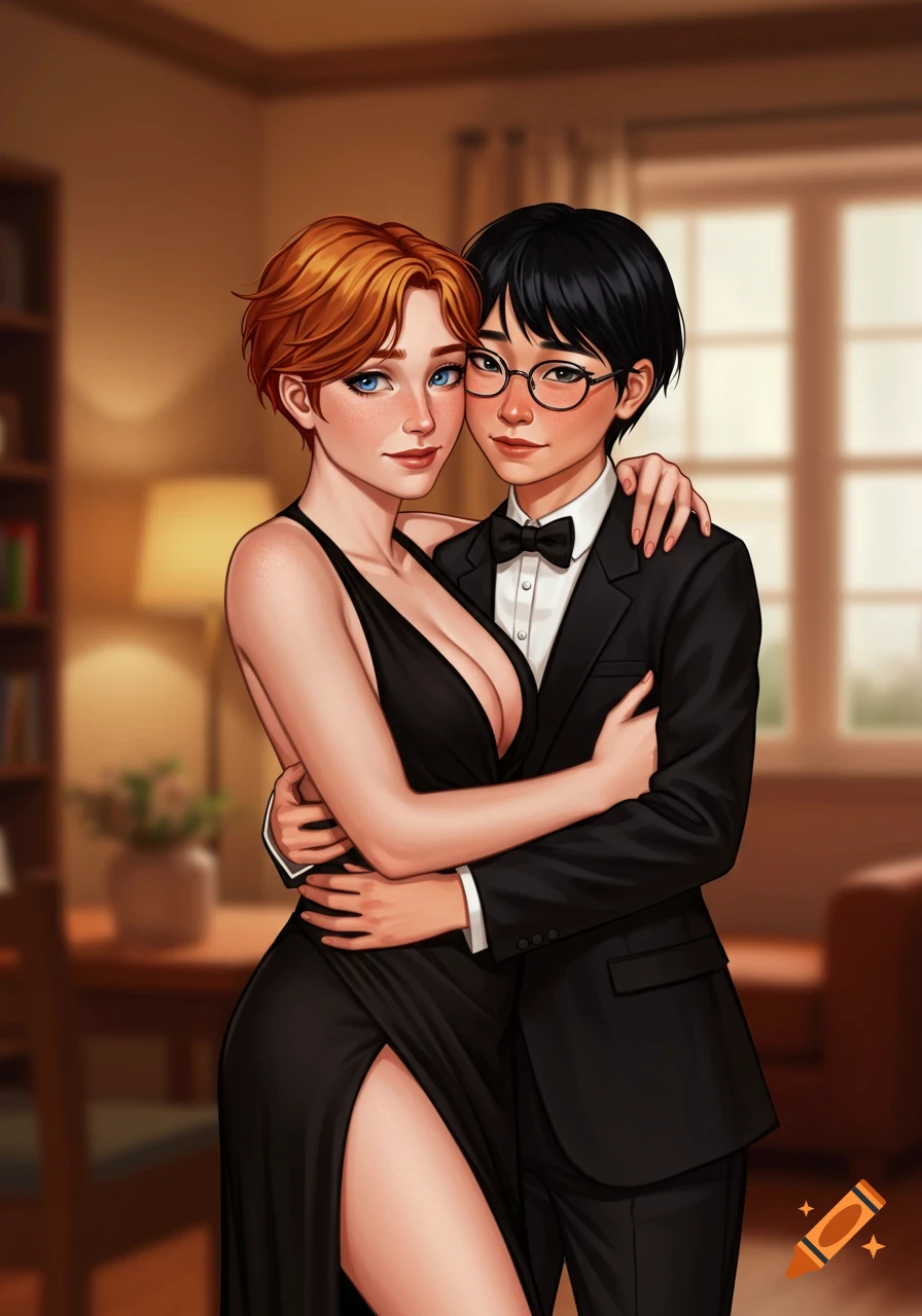 Digital illustration of a redhead woman in a black dress with a leg slit lovingly embracing her girlfriend in a tuxedo in their home.