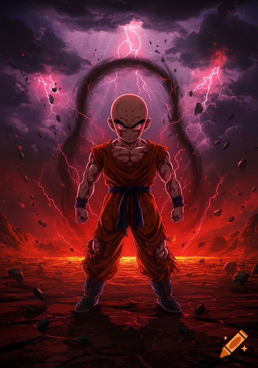 Enraged Krillin in torn orange gi stands on cracked red ground under stormy purple sky with red lightning and a dark aura.