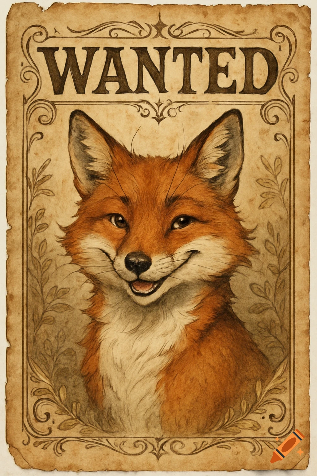 Vintage wanted poster featuring a smiling fox with friendly eyes, surrounded by ornate borders.