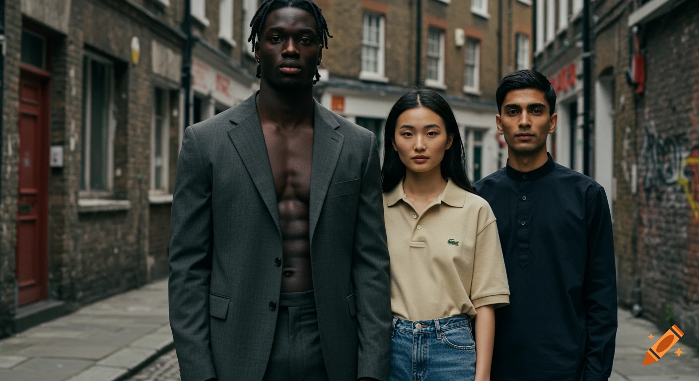 Photorealistic image of three models (Afro-Caribbean male in suit jacket, Chinese female in polo shirt, Pakistani male in black shirt) standing side-by-side in a rundown London street.
