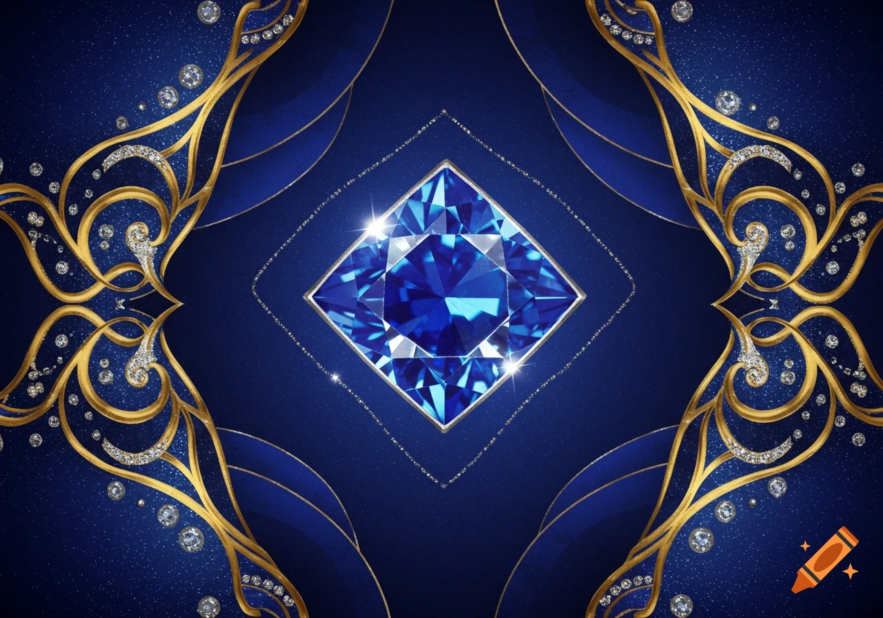 A sparkling blue sapphire gem at the center of ornate gold filigree and diamonds on a dark blue, star-dusted background.