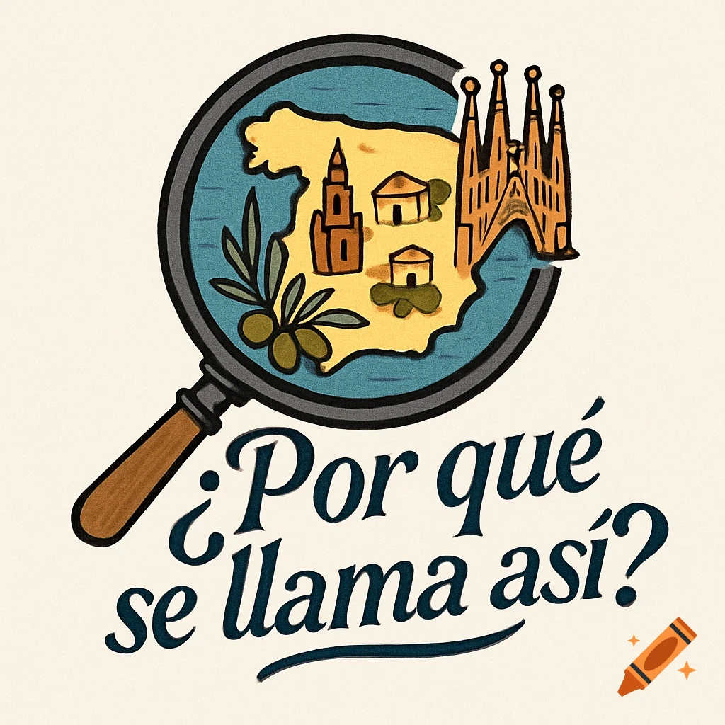 Illustrative logo with a magnifying glass over a map of Spain, showing the Sagrada Familia, a bell tower, houses, and olive branches. Text reads '¿Por qué se llama así?'.