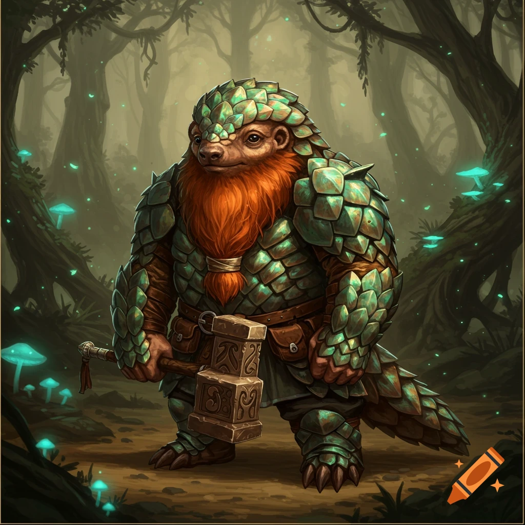 A dwarf-like pangolin warrior with a red beard and green scaled armor holds a hammer in a mystical forest with glowing blue mushrooms.