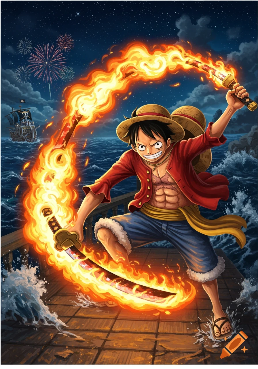 Luffy from One Piece wielding two flaming katanas on a ship deck at night, with fireworks and a pirate ship. Anime style.