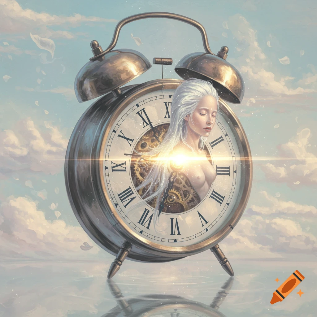 Surreal art: a white-haired woman with a glowing chest embedded in a large alarm clock, floating on a reflective surface under a cloudy sky.