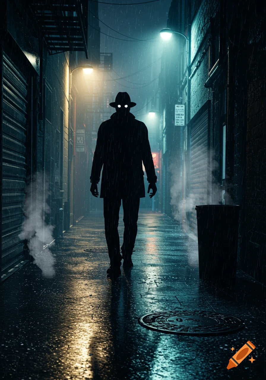 A shadowy figure with glowing eyes walks down a rainy, neon-lit alley in a dark, mysterious style.