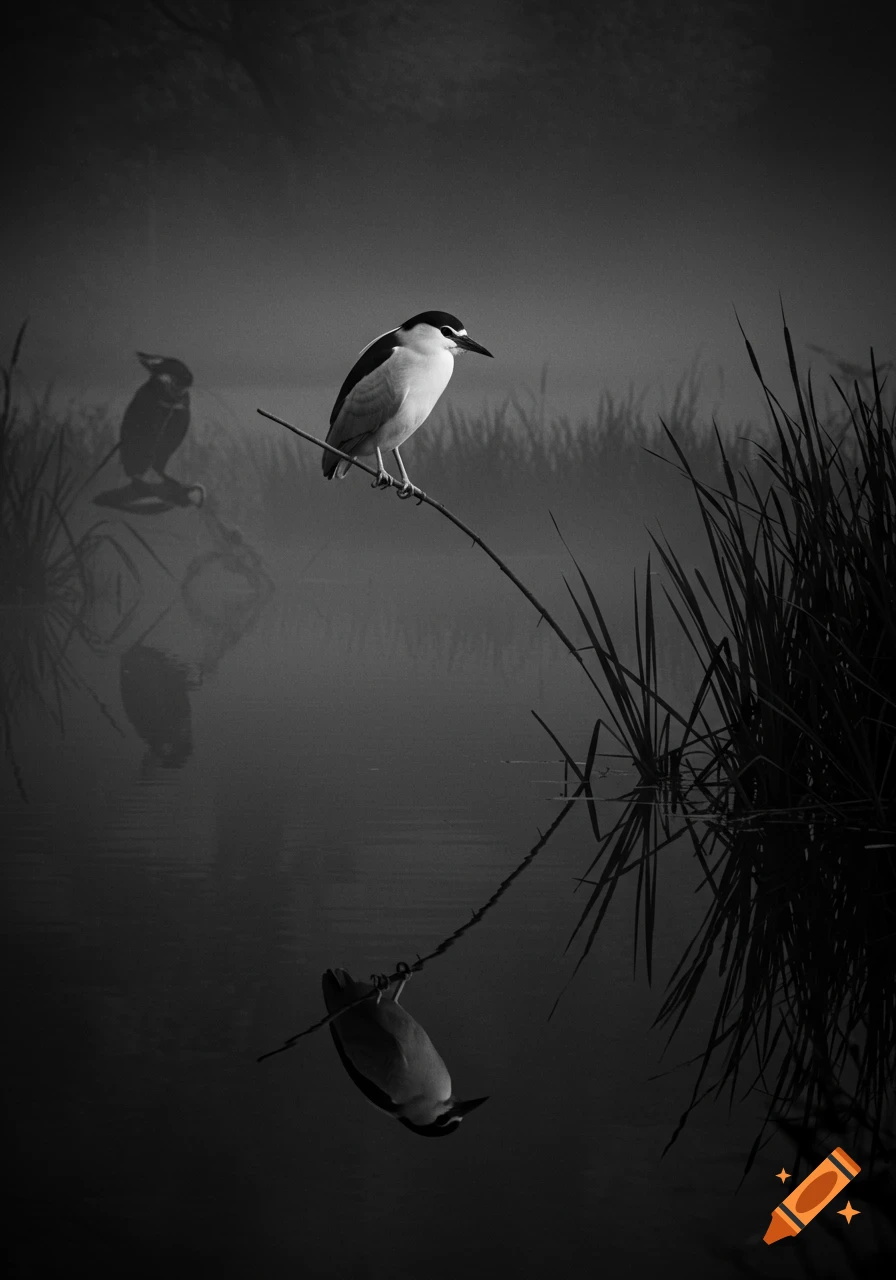 A photorealistic black and white image of a night heron perched on a branch above misty water, with reflections.