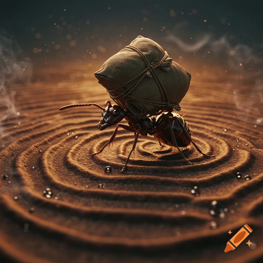A detailed ant carries a large canvas sack across a textured, rippled sand surface with water droplets, in a photorealistic style.