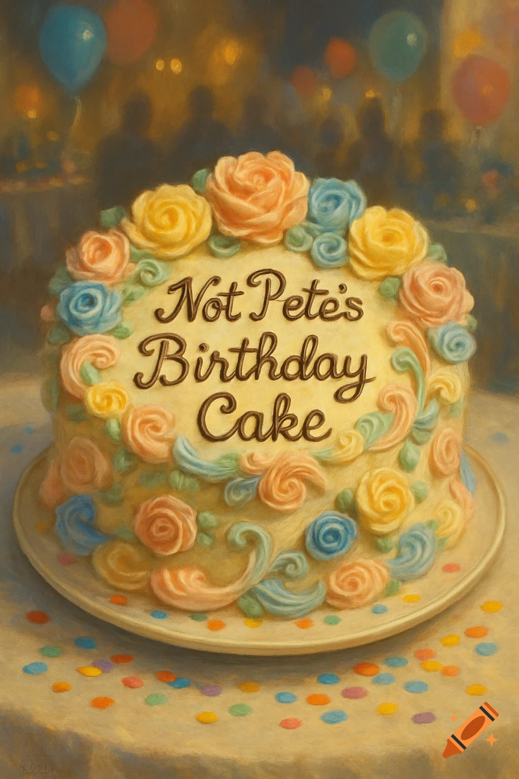 A colorful birthday cake with pastel frosting roses and confetti, inscribed with 'Not Pete's Birthday Cake' in a painterly style.