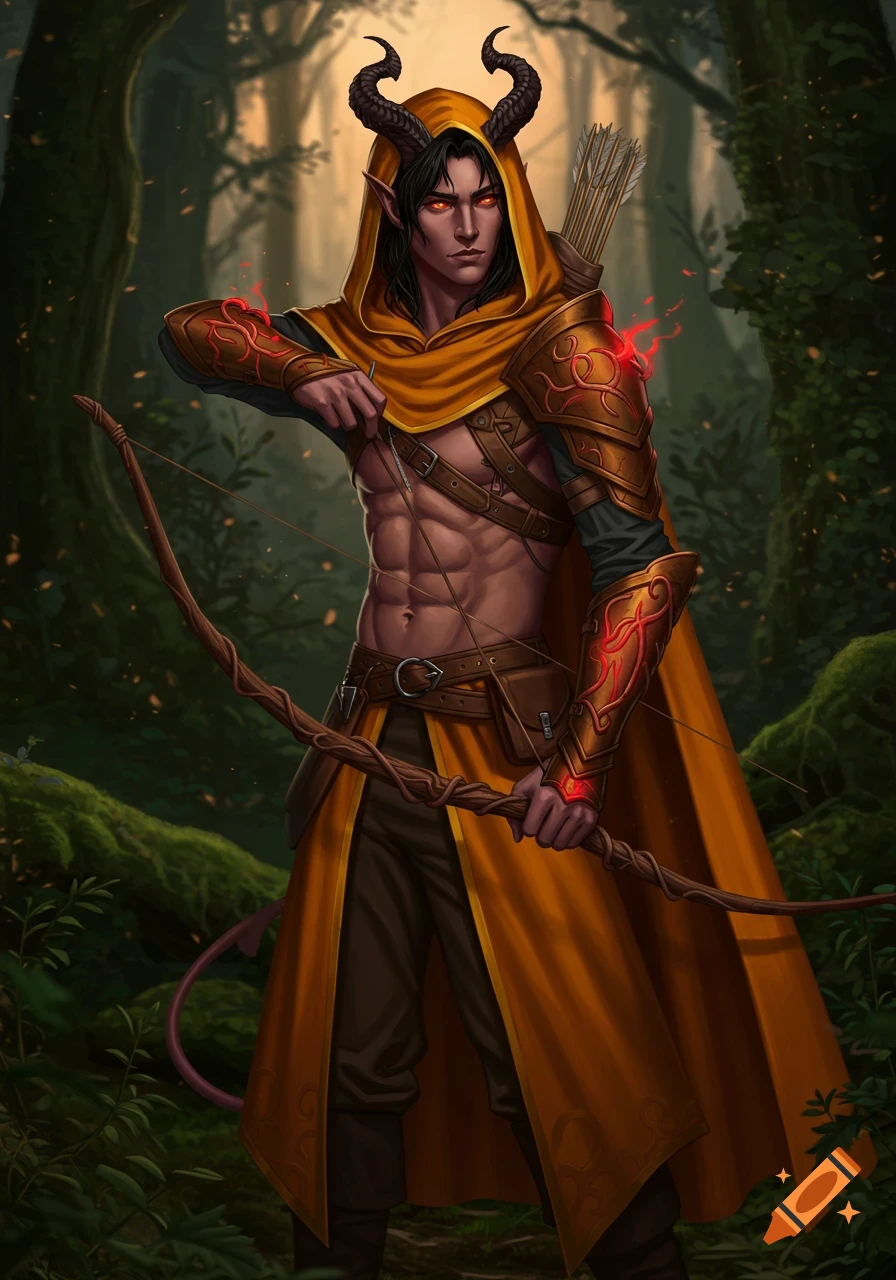 A male Tiefling archer in a golden hooded cloak, drawing a longbow in a lush forest, digital fantasy art.