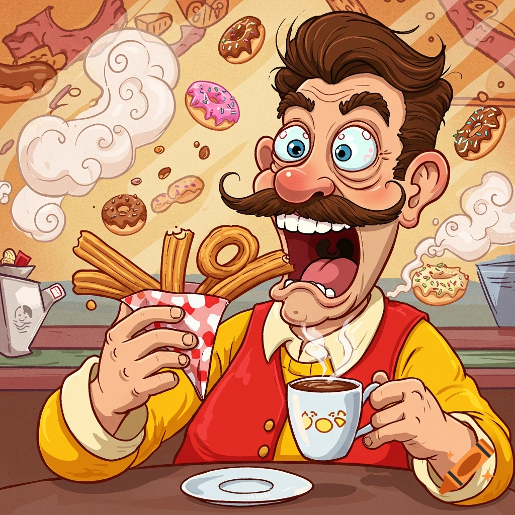 Cartoon man with a large mustache frantically eating churros and drinking coffee, with donuts floating around him.