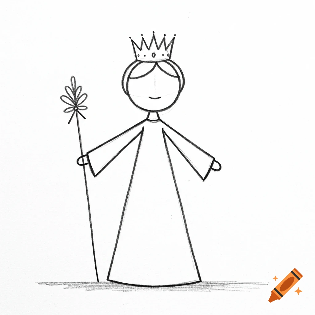 A simple black and white stick figure drawing of a queen wearing a crown and holding a staff.