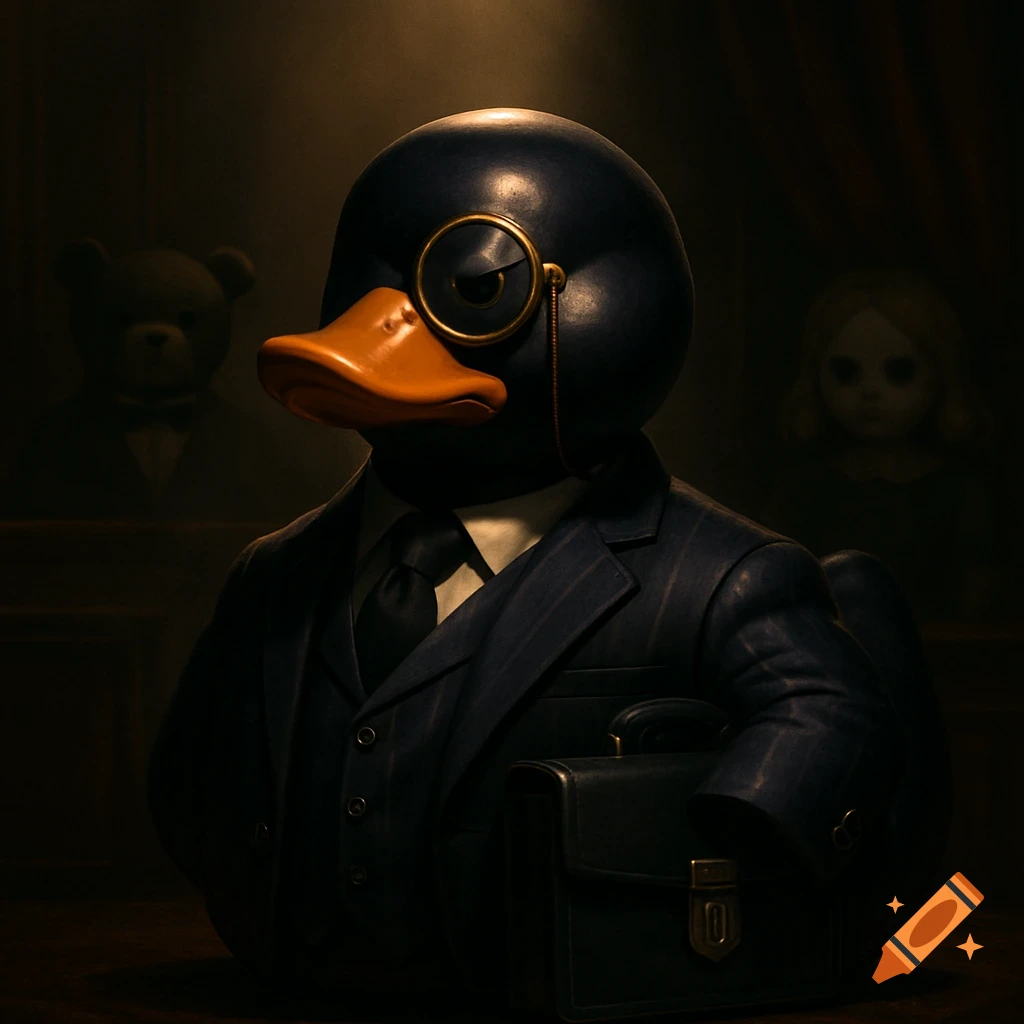 A sophisticated black rubber duck in a pinstripe suit, wearing a monocle and holding a briefcase, stands in a dark room with shadowy toy figures.