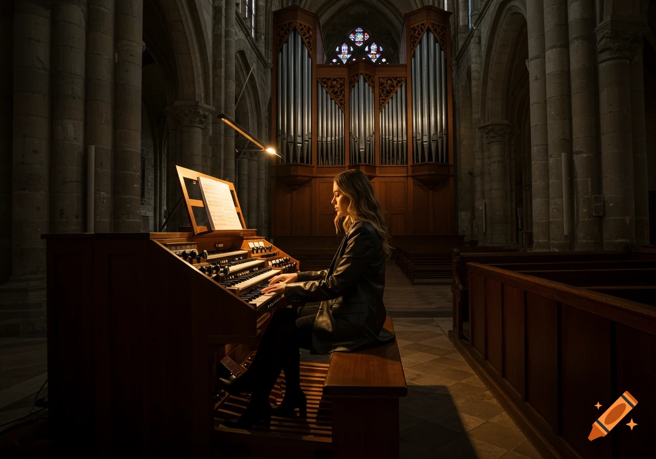 A woman in a leather blazer plays a grand pipe organ in a dimly lit, high-ceilinged church with stone pillars.
