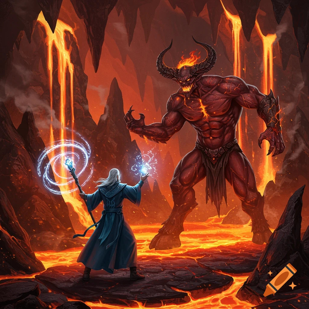 A white-haired wizard in a blue robe casts a spell at a large, muscular red demon with horns in a lava-filled cave.