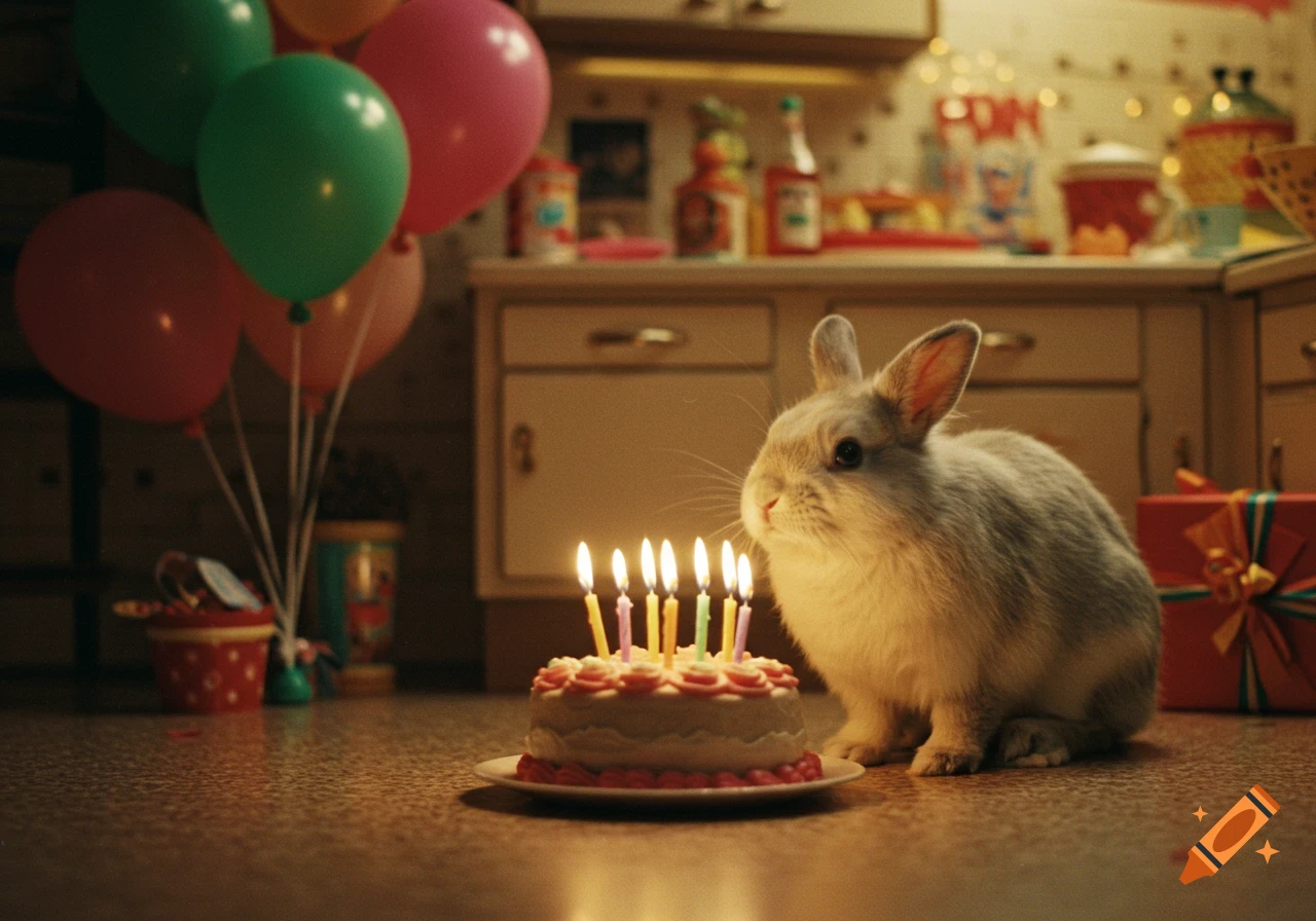 A fluffy rabbit sits beside a small birthday cake with lit candles and colorful balloons in a dimly lit 1980s-style kitchen.