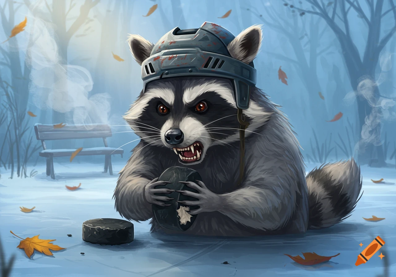 An angry raccoon wearing a hockey helmet sits on ice, chewing a puck, with a bench and trees in a misty background. Illustration.