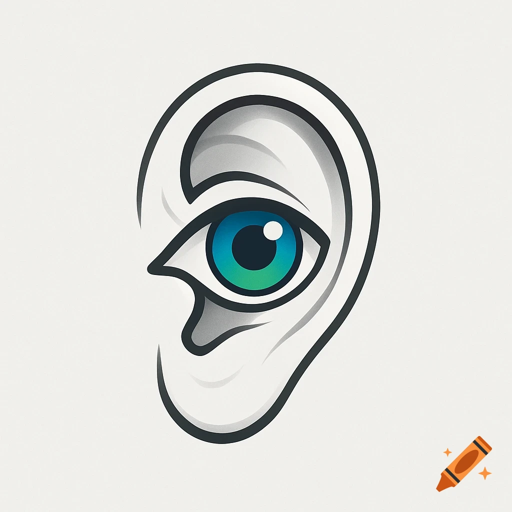 A stylized logo featuring a blue and green eye within the outlines of an ear, set against a white background.