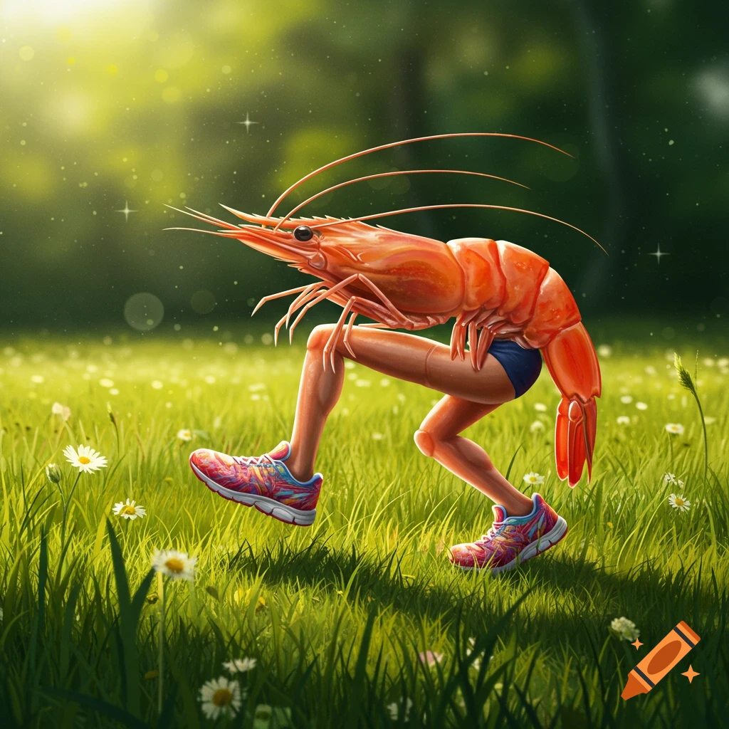 A photorealistic prawn with human legs and colorful running shoes stands in a sunny, grassy field with white flowers.