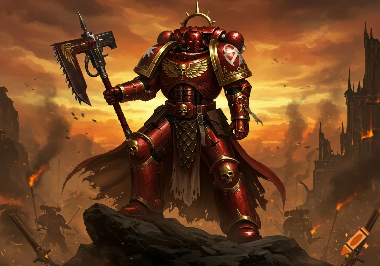 A heavily armored red Blood Angels Space Marine with a chainaxe stands on rocks before a burning cityscape under an orange sky.