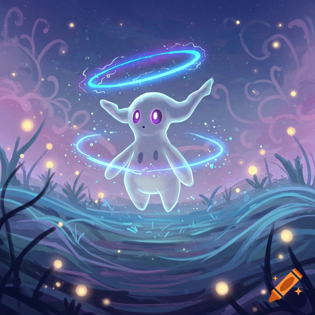 A glowing, colorless creature resembling a Pokémon floats with blue and purple rings in a magical, dark fantasy landscape with glowing plants.